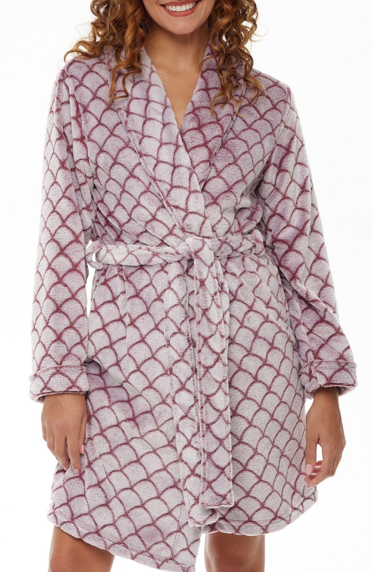 Women's Scallop Texture Burgundy Warm Soft Plush Fleece Bathrobe, Knee Length Robe