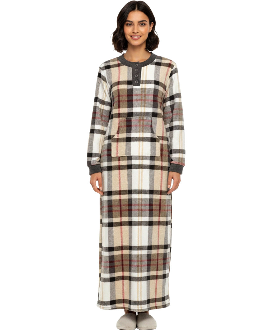 Women's Designer Plaid Warm Fleece Long Nightgown, Long Kaftan with Pockets for Winter