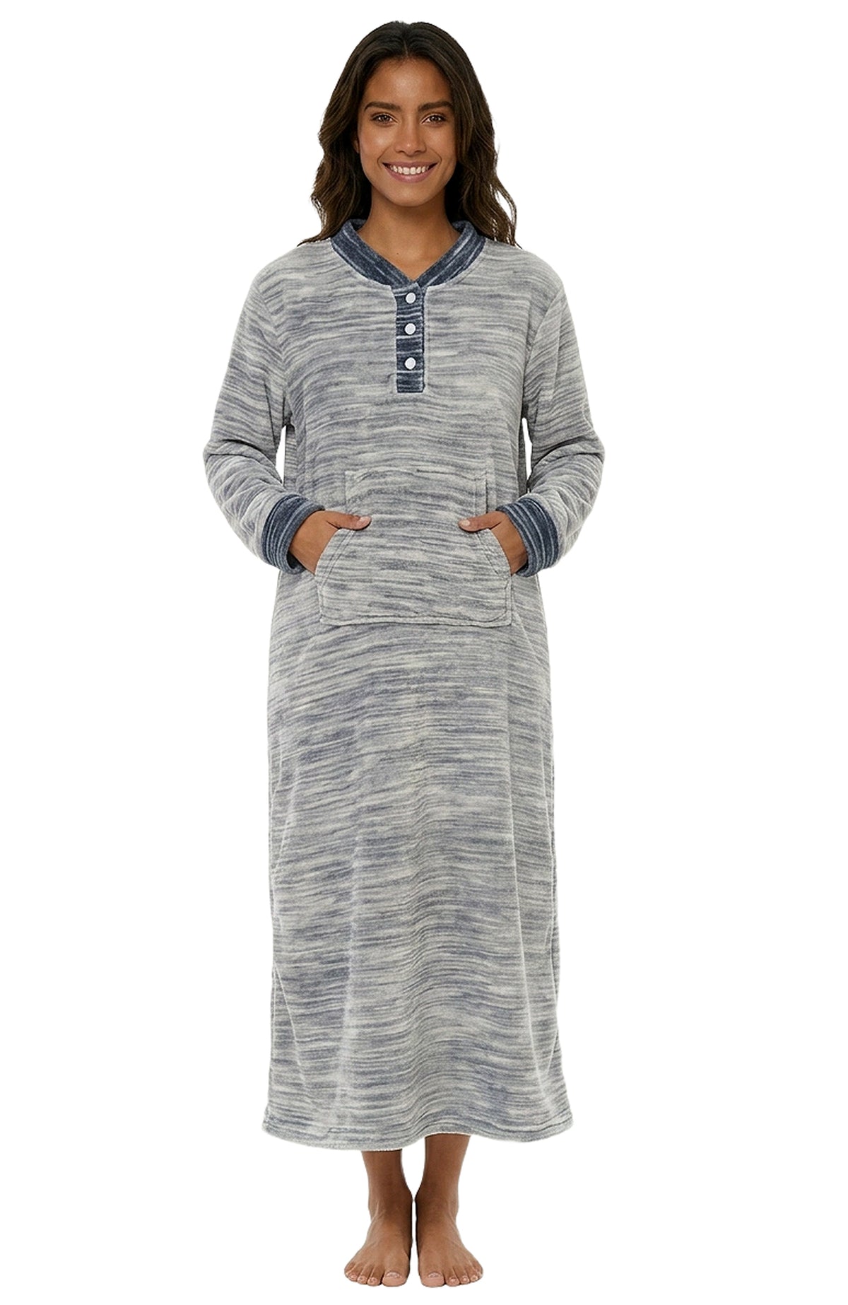 Women's Light Heathered Gray Warm Fleece Long Nightgown, Long Kaftan with Pockets for Winter