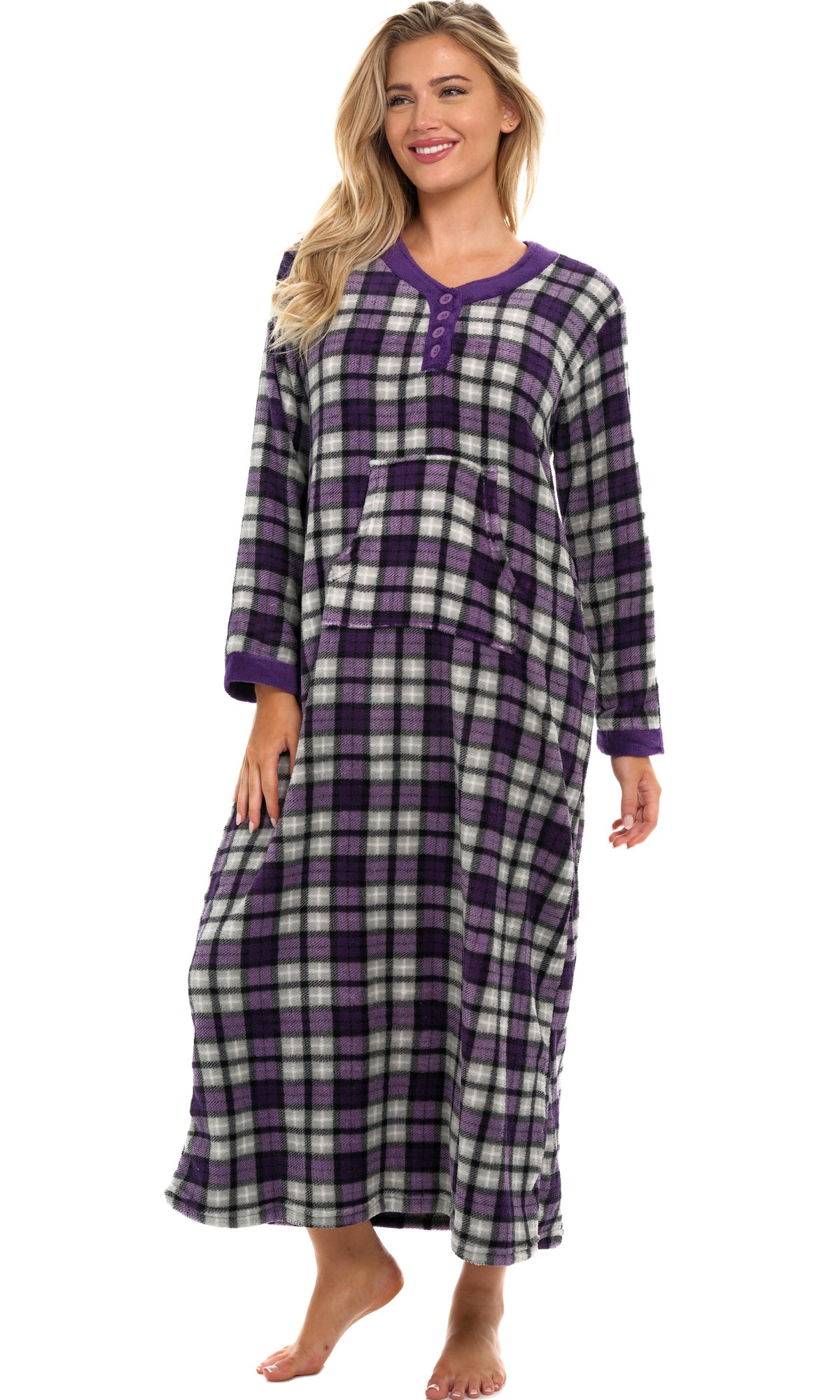 Women's Lavender Tartan Plaid Warm Fleece Long Nightgown, Long Kaftan with Pockets for Winter