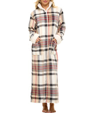 Women's Designer Plaid with Cream Zip Up Plush Robe, Oversized Bathrobe with Two Way Zipper