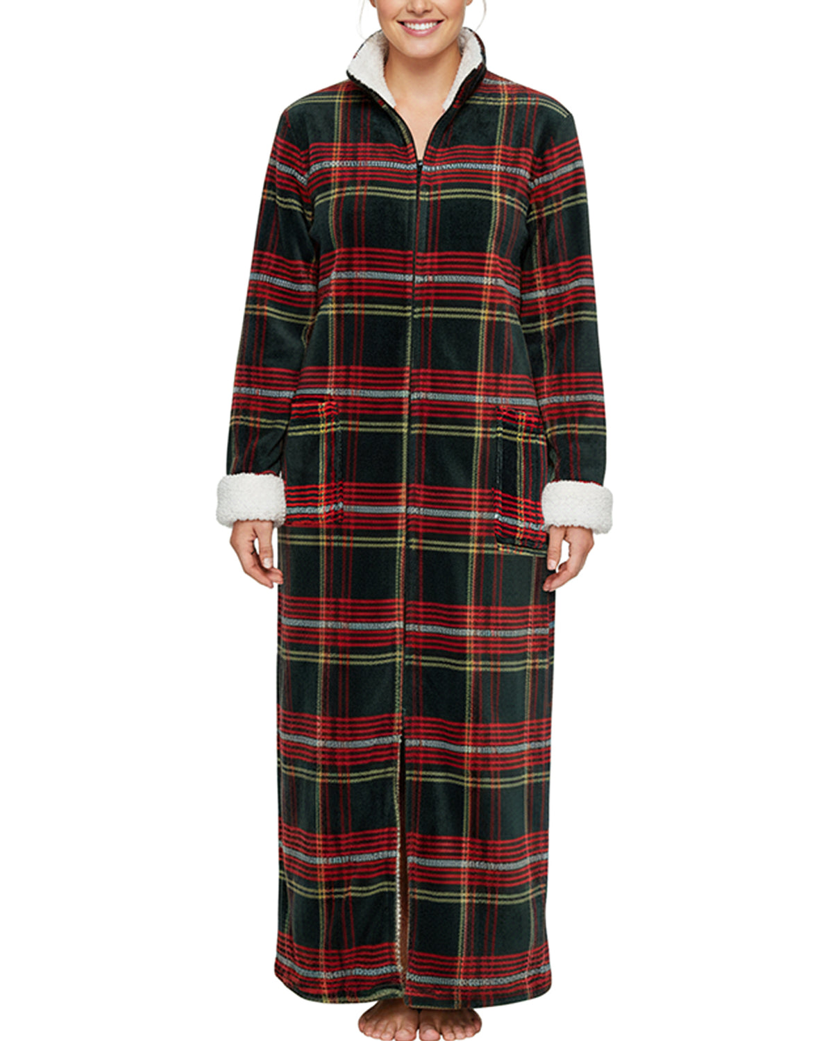 Women's Forest Tartan Plaid Zip Up Plush Robe, Oversized Bathrobe with Two Way Zipper