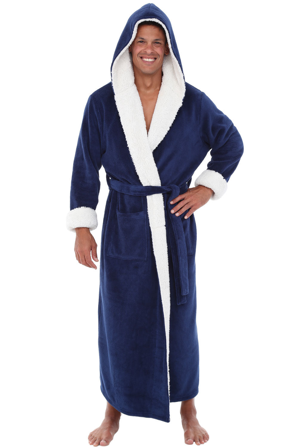 Men's Navy Blue with Cream Long Hooded Sherpa Robe, Hooded Big and Tall Plush Fleece Hoodie Bathrobe