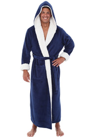 Men's Navy Blue with Cream Long Hooded Sherpa Robe, Hooded Big and Tall Plush Fleece Hoodie Bathrobe