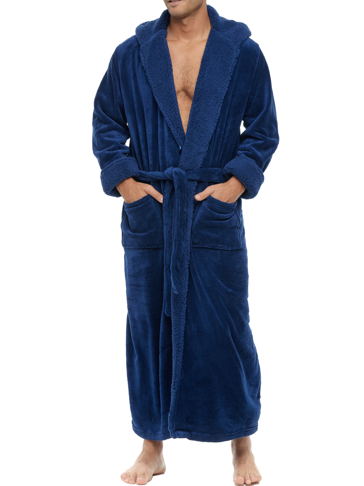 Men's Navy Blue Long Hooded Sherpa Robe, Hooded Big and Tall Plush Fleece Hoodie Bathrobe