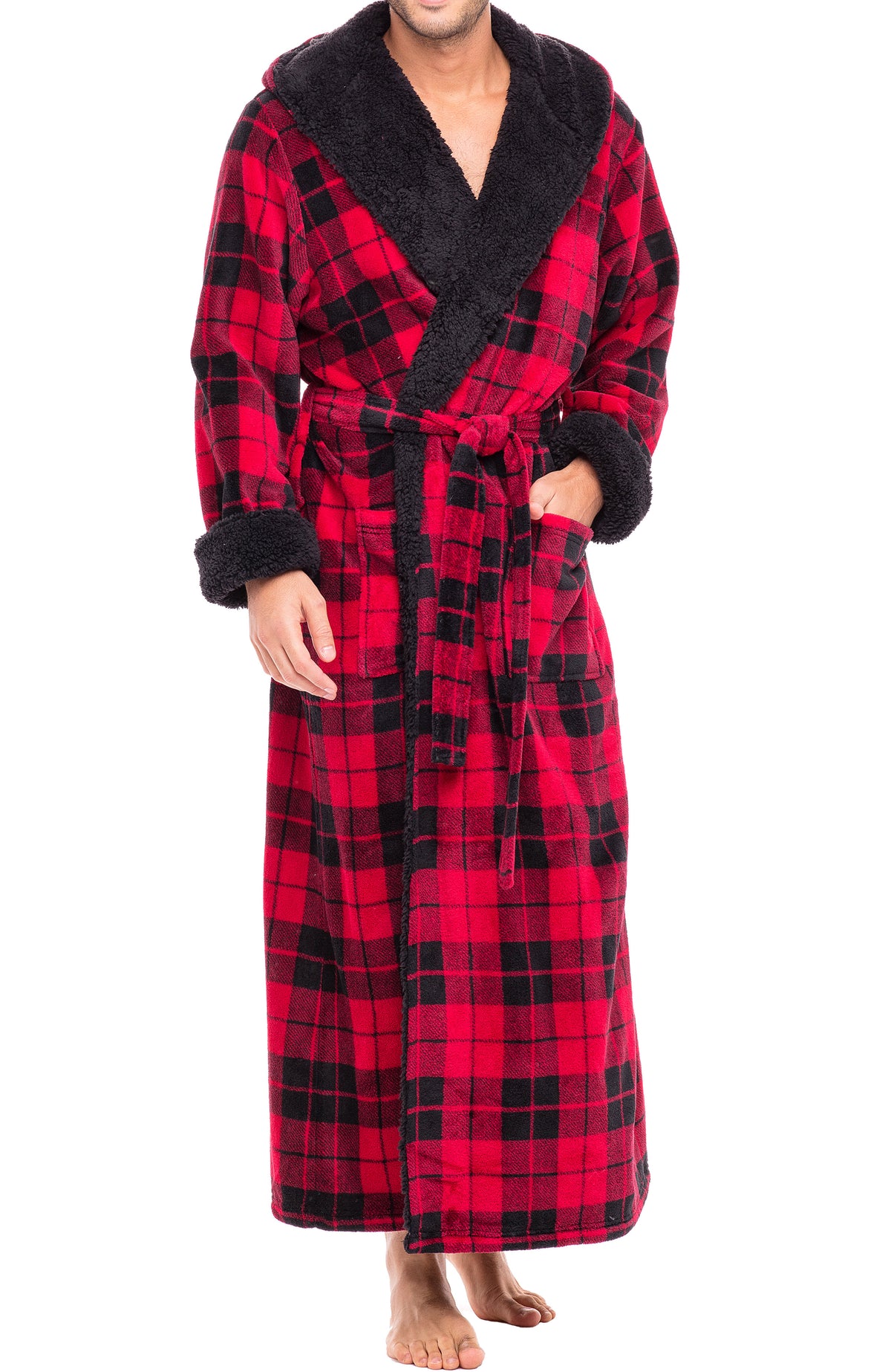 Men's Red Black Plaid with Black Long Hooded Sherpa Robe, Hooded Big and Tall Plush Fleece Hoodie Bathrobe
