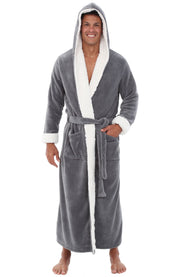 Men's Steel Gray with Cream Long Hooded Sherpa Robe, Hooded Big and Tall Plush Fleece Hoodie Bathrobe