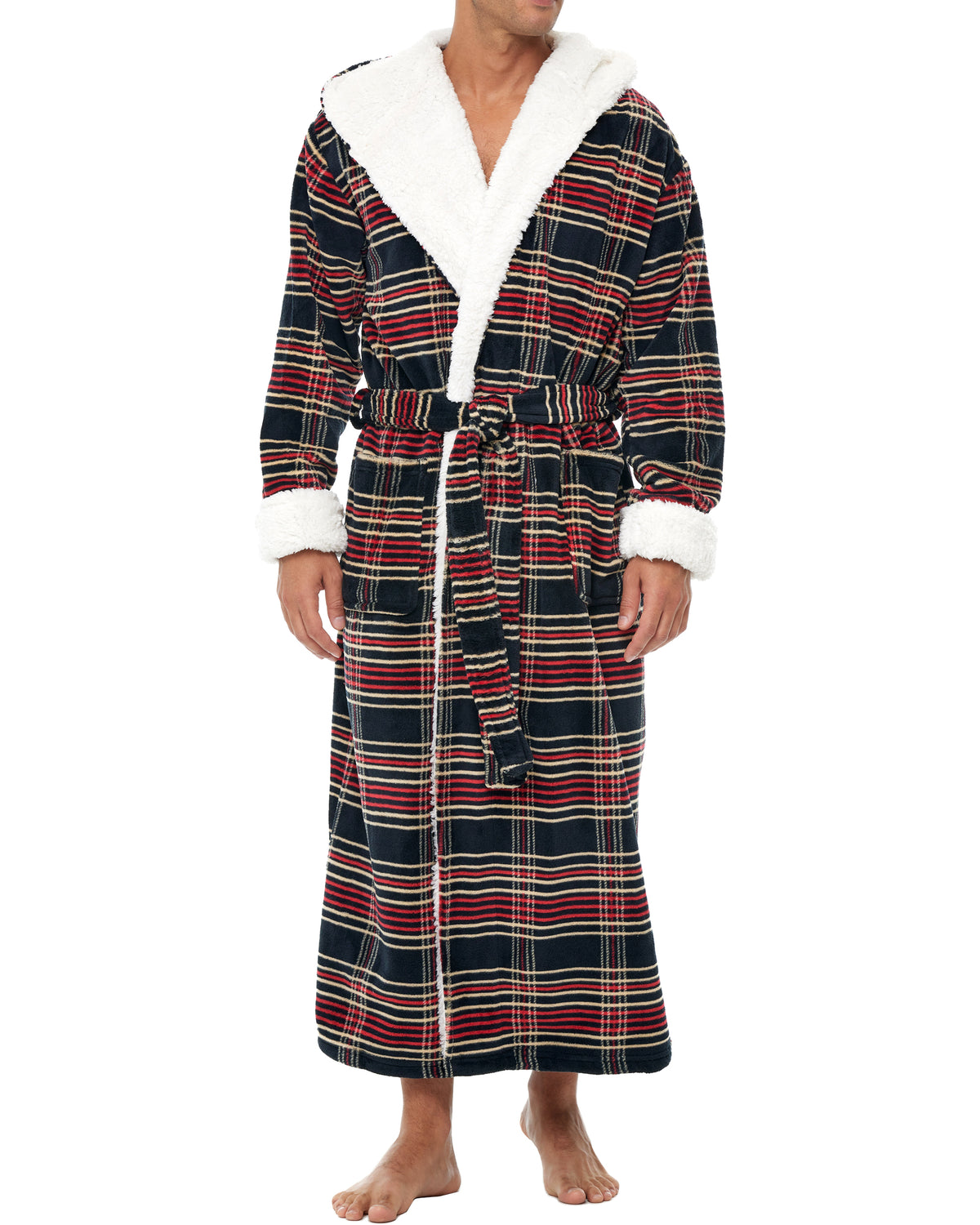 Men's Refined Tartan Plaid Long Hooded Sherpa Robe, Hooded Big and Tall Plush Fleece Hoodie Bathrobe