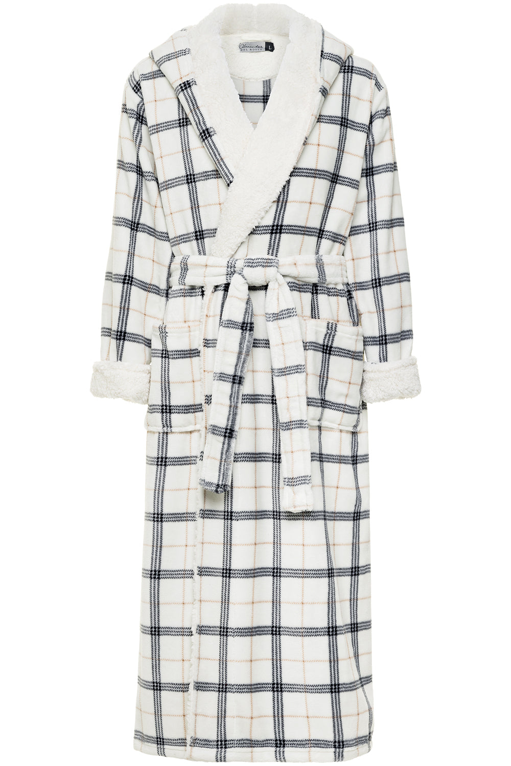 Men's Classic Neutral Plaid Long Hooded Sherpa Robe, Hooded Big and Tall Plush Fleece Hoodie Bathrobe