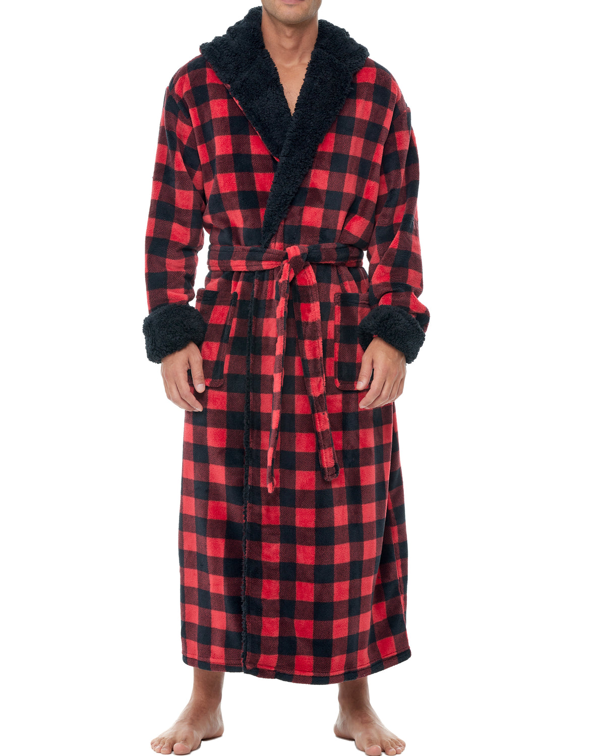 Men's Red Black Buffalo Check Plaid Long Hooded Sherpa Robe, Hooded Big and Tall Plush Fleece Hoodie Bathrobe