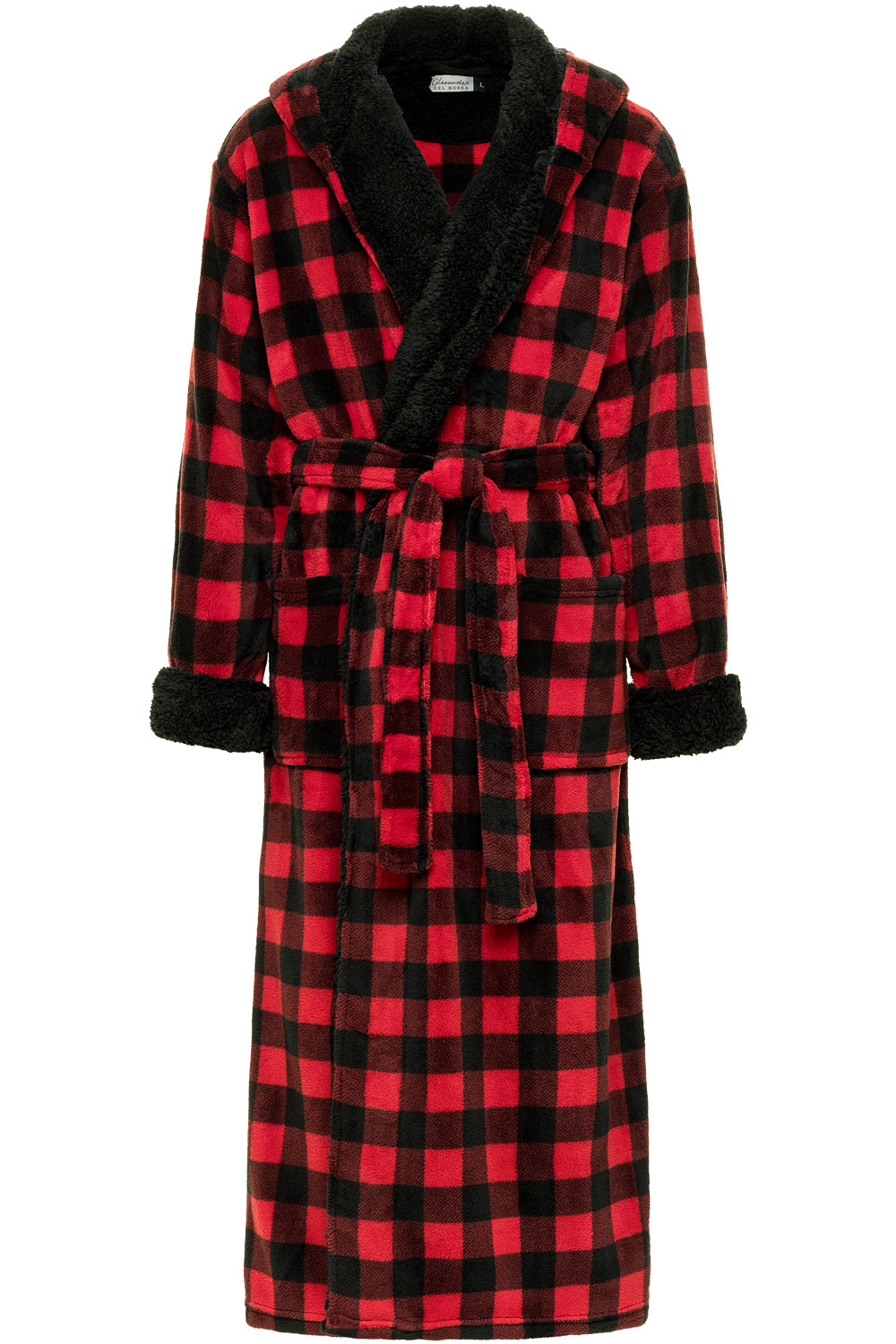 Men's Red Black Buffalo Check Plaid Long Hooded Sherpa Robe, Hooded Big and Tall Plush Fleece Hoodie Bathrobe