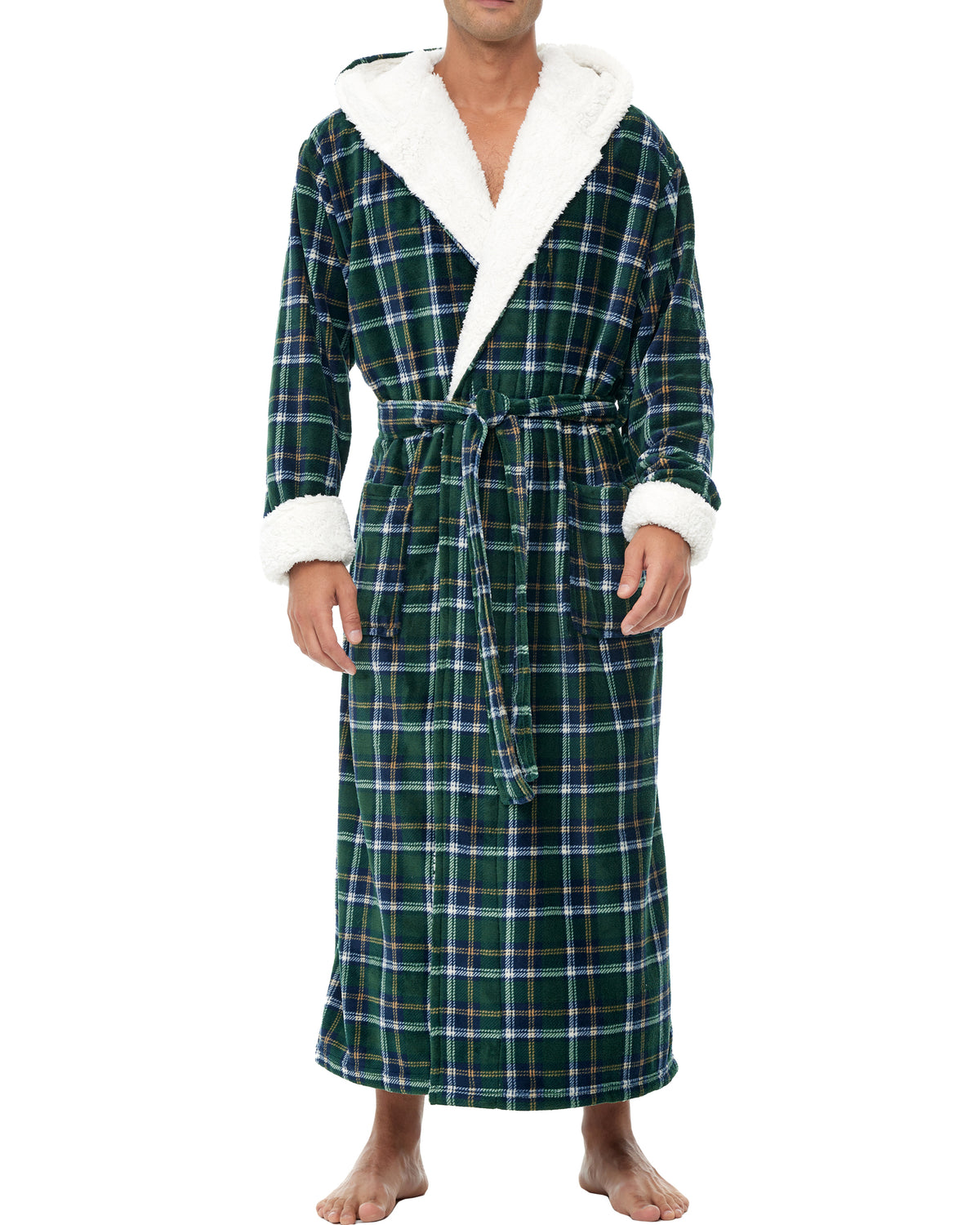 Men's Hunter Green Plaid Long Hooded Sherpa Robe, Hooded Big and Tall Plush Fleece Hoodie Bathrobe