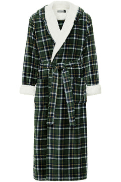 Men's Hunter Green Plaid Long Hooded Sherpa Robe, Hooded Big and Tall Plush Fleece Hoodie Bathrobe