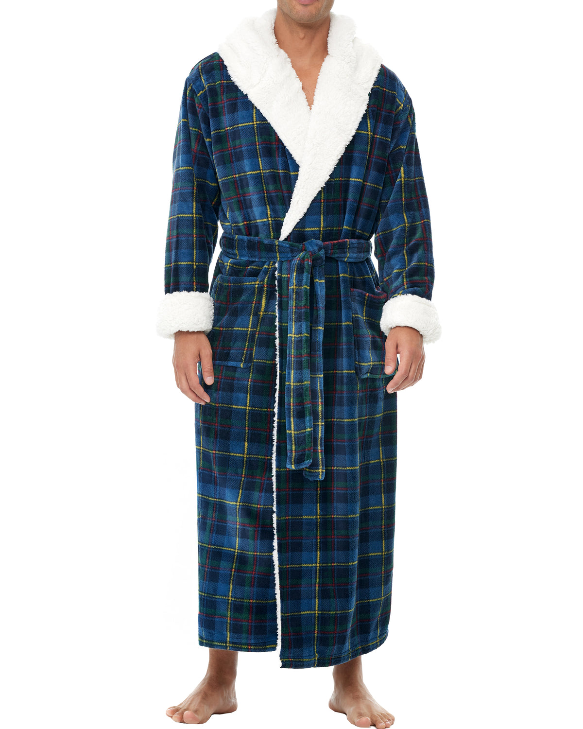 Men's Highland Tartan Plaid Long Hooded Sherpa Robe, Hooded Big and Tall Plush Fleece Hoodie Bathrobe
