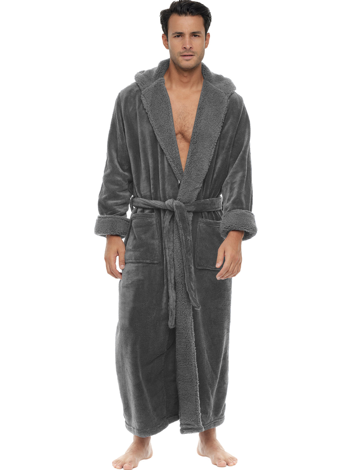 Men's Steel Gray Long Hooded Sherpa Robe, Hooded Big and Tall Plush Fleece Hoodie Bathrobe