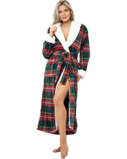 Women's Forest Tartan Plaid Warm Fleece Sherpa Robe with Hood, Long Plush Hoodie Sherpa Bathrobe