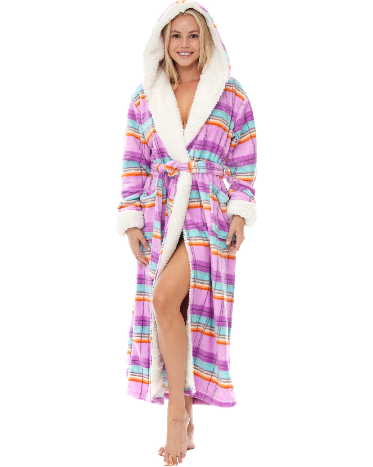 Women's Pastel Plaid Warm Fleece Sherpa Robe with Hood, Long Plush Hoodie Sherpa Bathrobe