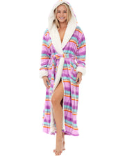 Women's Pastel Plaid Warm Fleece Sherpa Robe with Hood, Long Plush Hoodie Sherpa Bathrobe