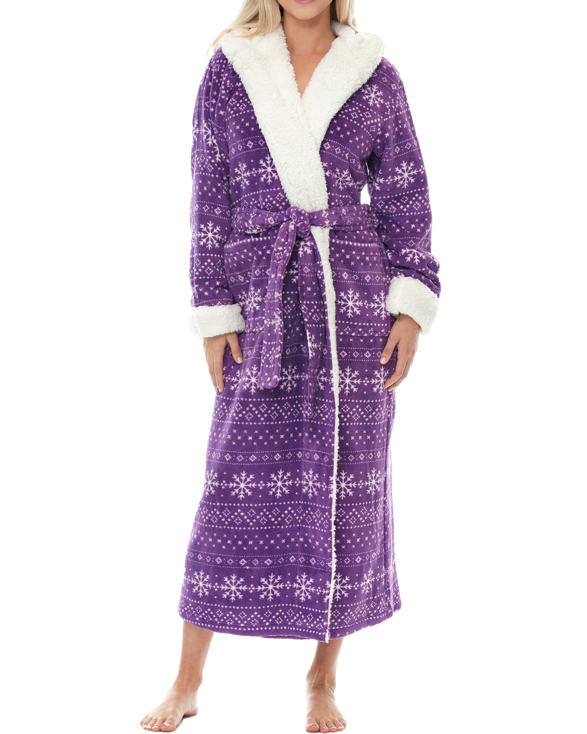 Women's Snowflake Fair Isle Purple Warm Fleece Sherpa Robe with Hood, Long Plush Hoodie Sherpa Bathrobe