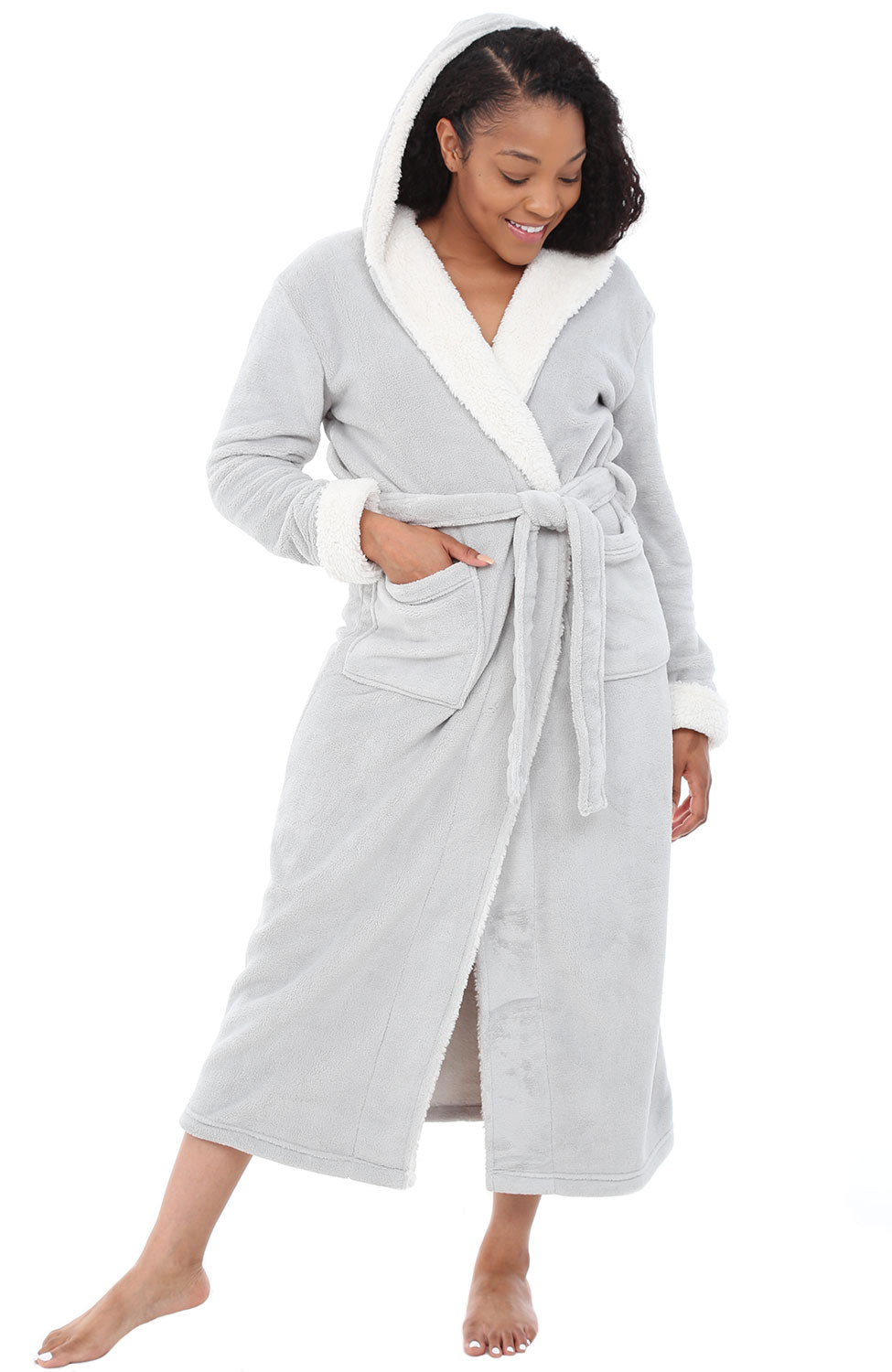 Women's Light Gray Warm Fleece Sherpa Robe with Hood, Long Plush Hoodie Sherpa Bathrobe