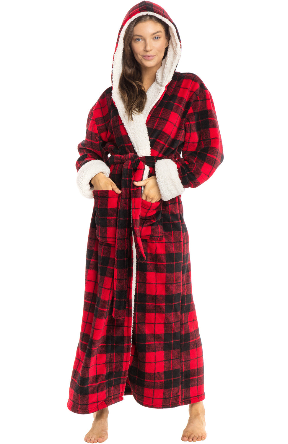 Women's Red Black Plaid with Cream Warm Fleece Sherpa Robe with Hood, Long Plush Hoodie Sherpa Bathrobe