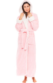 Women's Pink Rose Quartz with Cream Warm Fleece Sherpa Robe with Hood, Long Plush Hoodie Sherpa Bathrobe