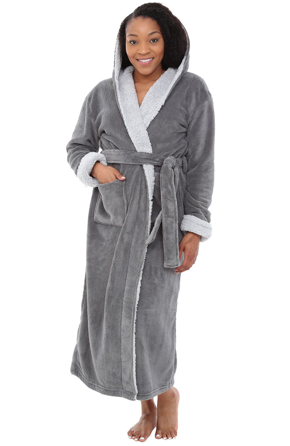 Women's Steel Gray with Light Gray Warm Fleece Sherpa Robe with Hood, Long Plush Hoodie Sherpa Bathrobe