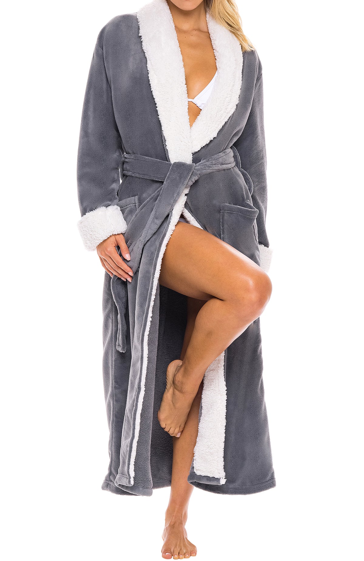 Women's Steel Gray with Cream Plush Sherpa Robe, Long Cozy Warm Bathrobe