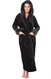 Women's Black Winter Robe with Faux Fur Feather, Plush Fleece Hooded Bathrobe