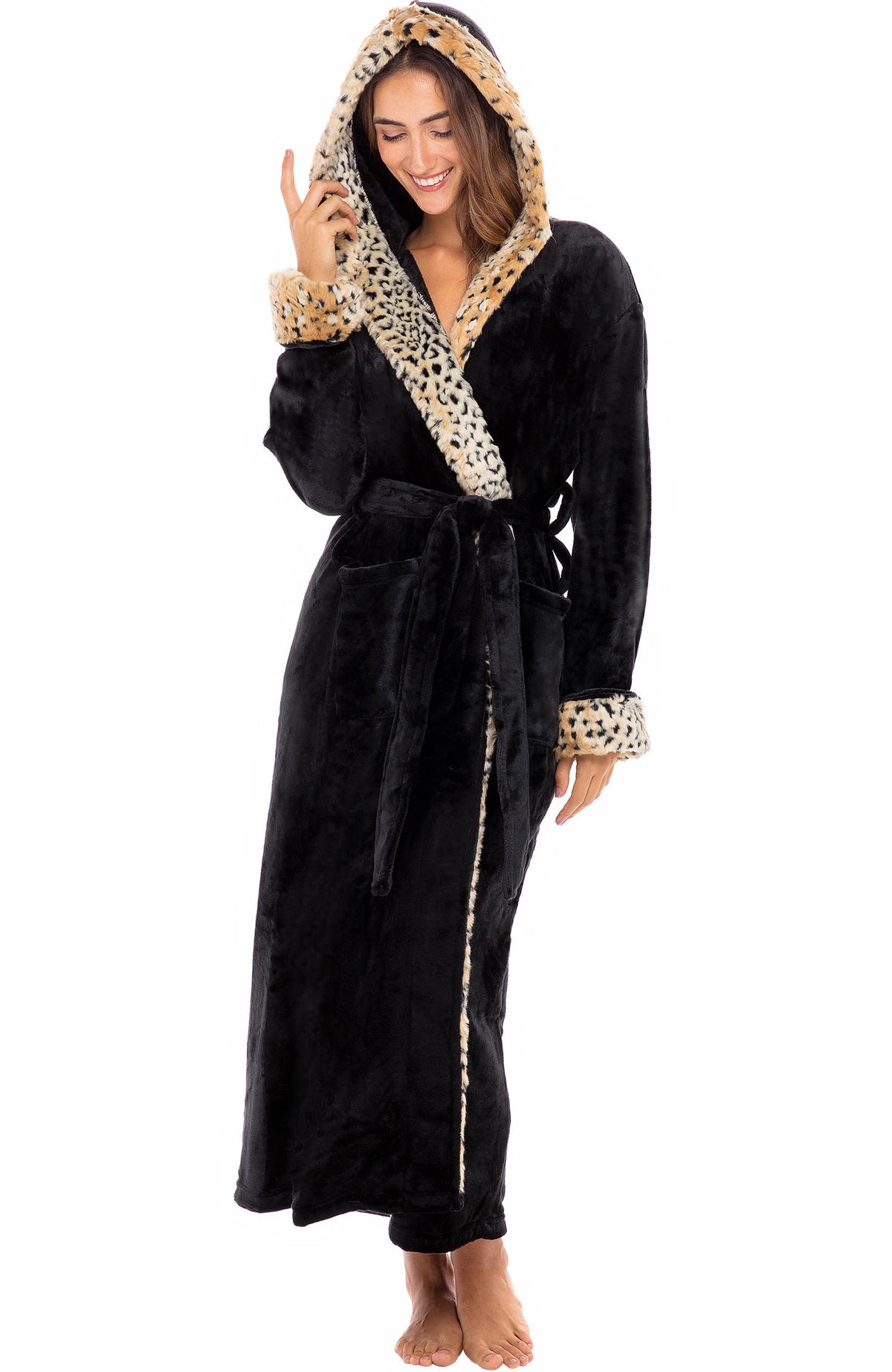 Women's Black with Leopard Print Winter Robe with Faux Fur Feather, Plush Fleece Hooded Bathrobe