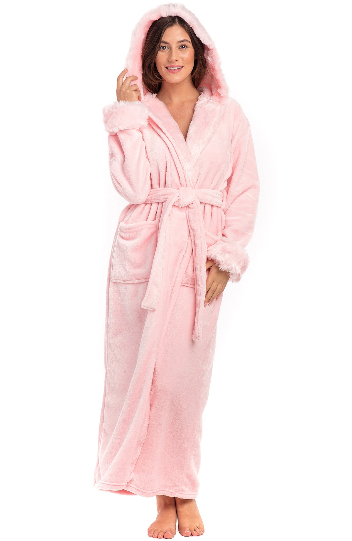 Women's Pink Rose Quartz Winter Robe with Faux Fur Feather, Plush Fleece Hooded Bathrobe
