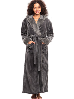 Women's Steel Gray Winter Robe with Faux Fur Feather, Plush Fleece Hooded Bathrobe