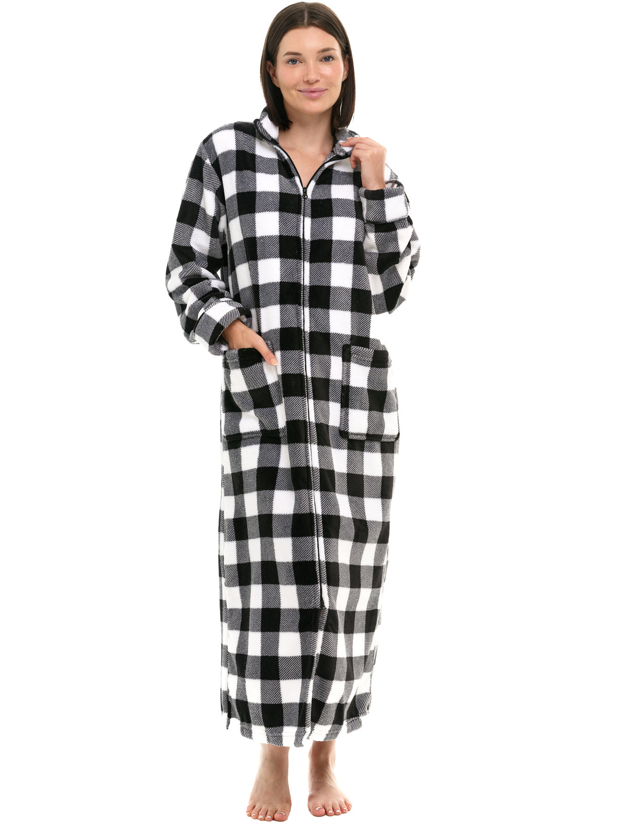 Women's Buffalo Check White Black Plaid Zip Up Plush Robe, Oversized Bathrobe with Two Way Zipper
