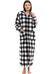 Women's Buffalo Check White Black Plaid Zip Up Plush Robe, Oversized Bathrobe with Two Way Zipper