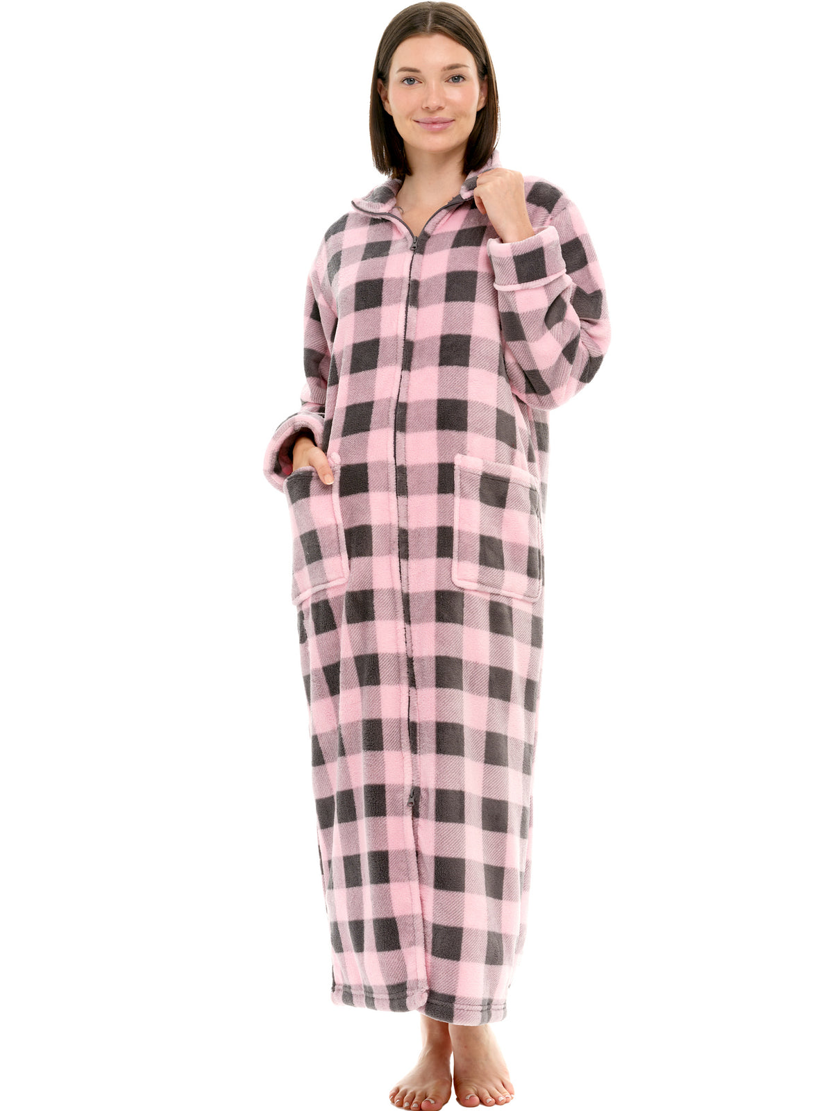 Women's Buffalo Check Pink Gray Plaid Zip Up Plush Robe, Oversized Bathrobe with Two Way Zipper