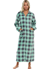 Women's Buffalo Check Sage Gray Plaid Zip Up Plush Robe, Oversized Bathrobe with Two Way Zipper
