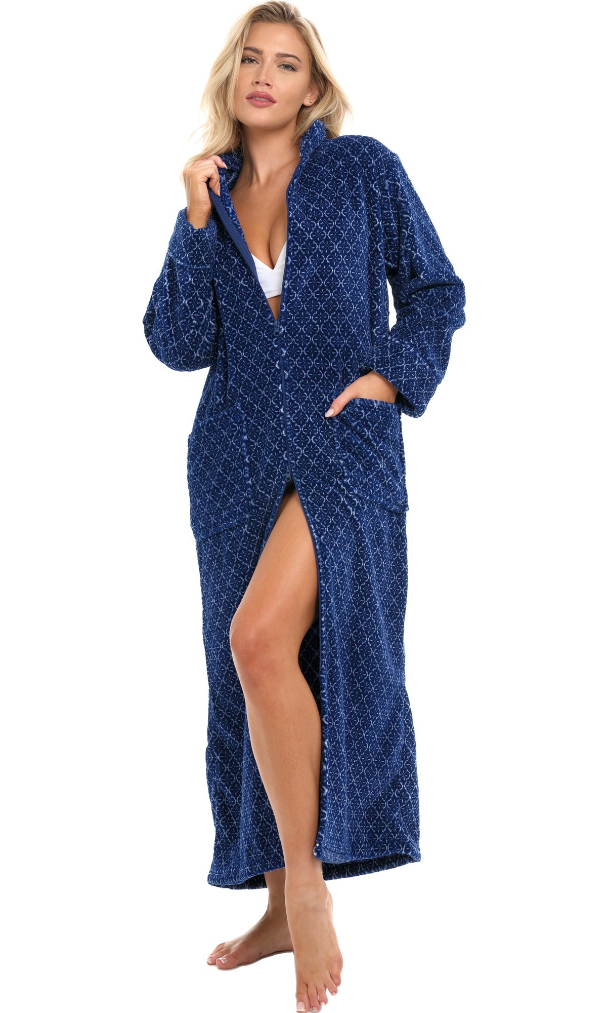 Women's Moroccan Trellis Zip Up Plush Robe, Oversized Bathrobe with Two Way Zipper