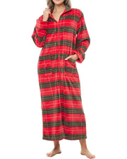 Women's Autumn Harvest Plaid Zip Up Plush Robe, Oversized Bathrobe with Two Way Zipper