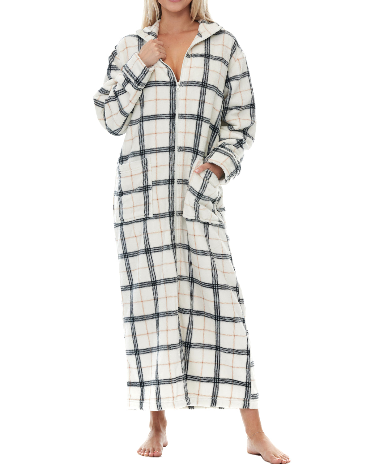 Women's Classic Neutral Plaid Zip Up Plush Robe, Oversized Bathrobe with Two Way Zipper