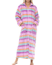 Women's Pastel Plaid Zip Up Plush Robe, Oversized Bathrobe with Two Way Zipper