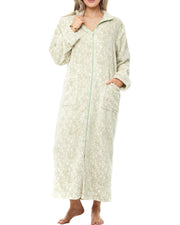 Women's Vintage Floral Zip Up Plush Robe, Oversized Bathrobe with Two Way Zipper