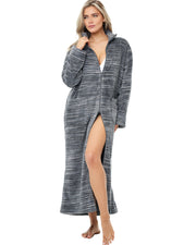 Women's Dark Heathered Gray Zip Up Plush Robe, Oversized Bathrobe with Two Way Zipper