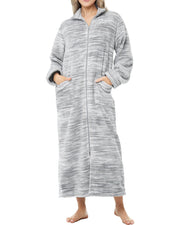 Women's Light Heathered Gray Zip Up Plush Robe, Oversized Bathrobe with Two Way Zipper