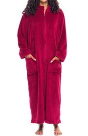 Women's Burgundy Zip Up Plush Robe, Oversized Bathrobe with Two Way Zipper