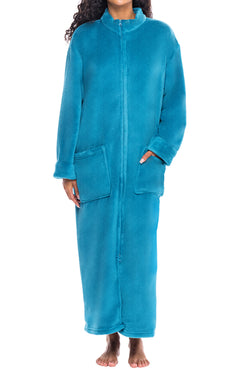 Women's Turquoise Zip Up Plush Robe, Oversized Bathrobe with Two Way Zipper