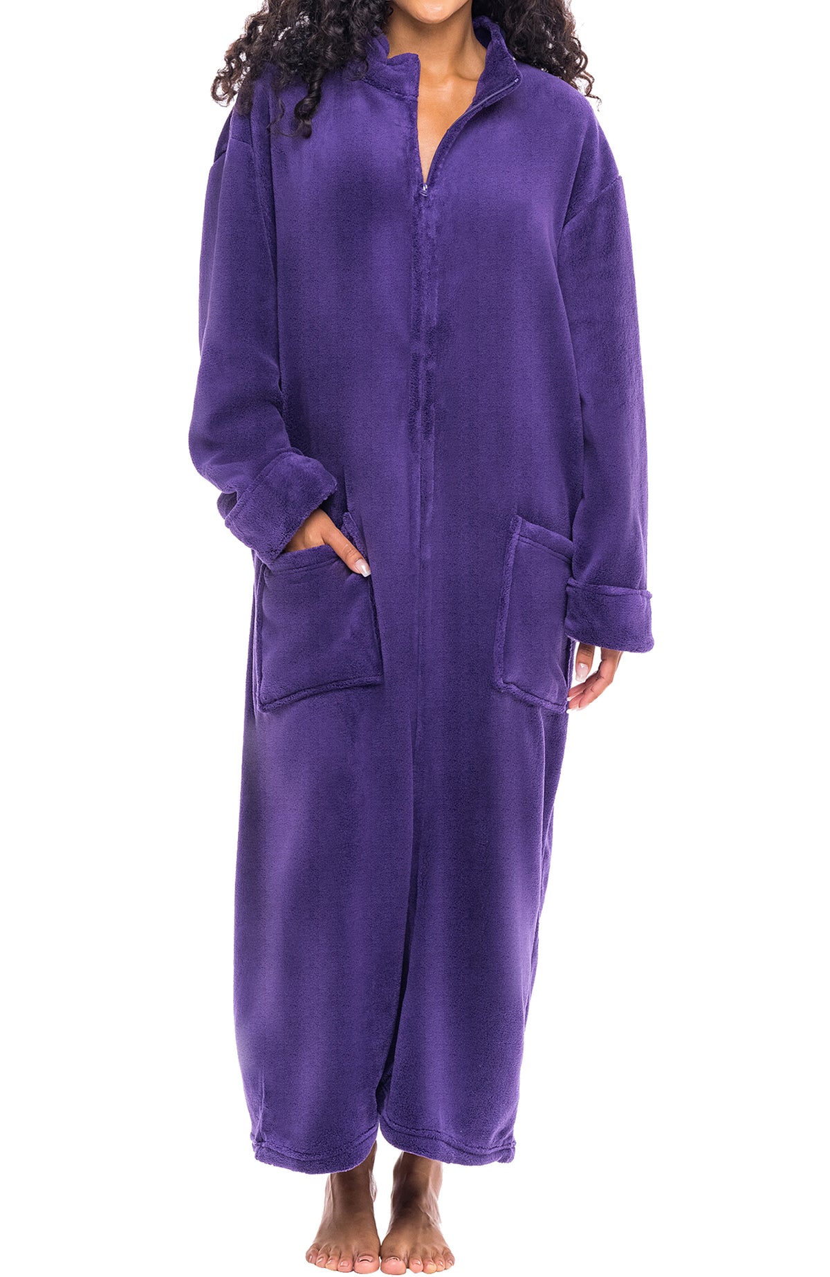 Women's Purple Zip Up Plush Robe, Oversized Bathrobe with Two Way Zipper