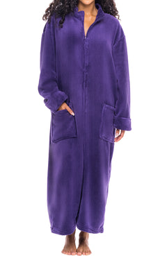 Women's Purple Zip Up Plush Robe, Oversized Bathrobe with Two Way Zipper