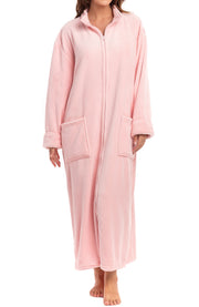 Women's Pink Rose Quartz with Sherpa Zip Up Plush Robe, Oversized Bathrobe with Two Way Zipper