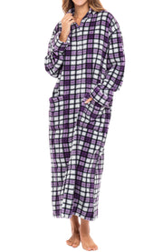 Women's Lavender Tartan Plaid Zip Up Plush Robe, Oversized Bathrobe with Two Way Zipper