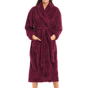 Women's Heathered Burgundy Plush Fleece Robe, Shaggy Feather Bathrobe